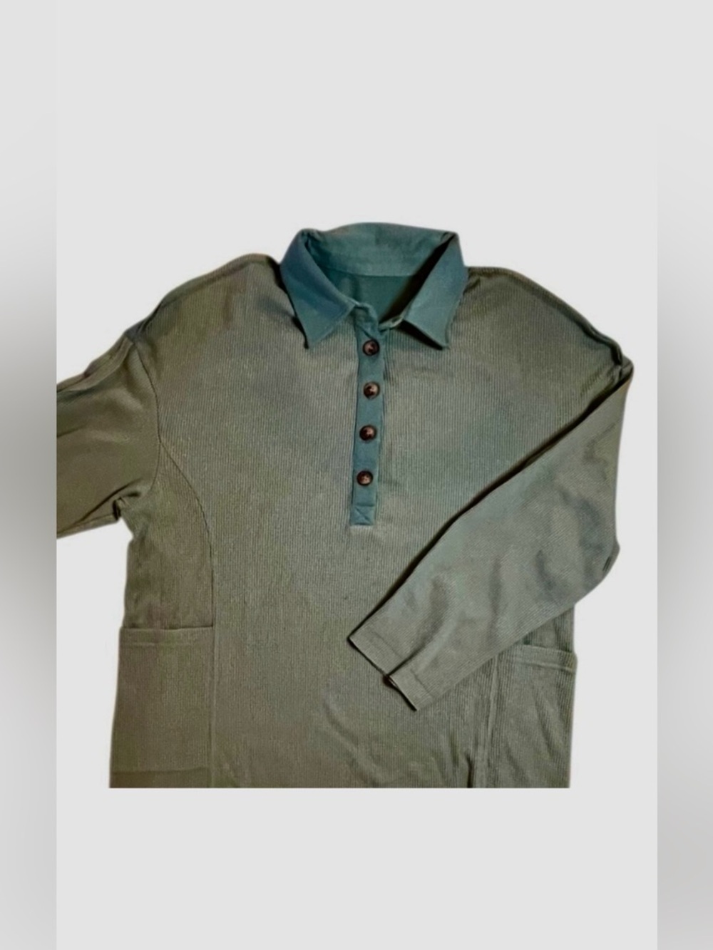 Waffle Knit Henley Oversized Henley with Collar Pockets Long Sleeve Sage Green